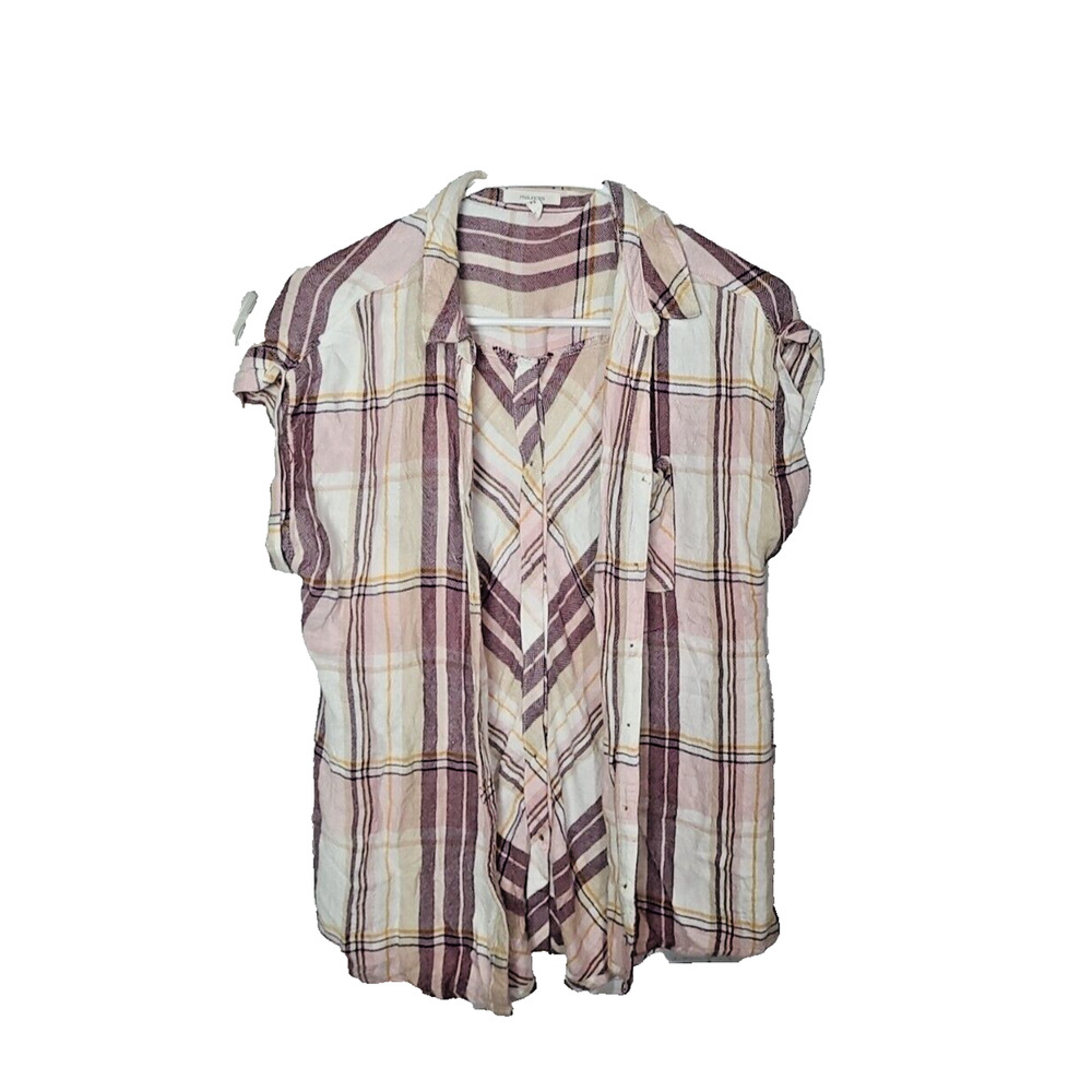 Maurices Pink Plaid Flannel Short‎ Sleeve Button Down Top Womans Size Medium